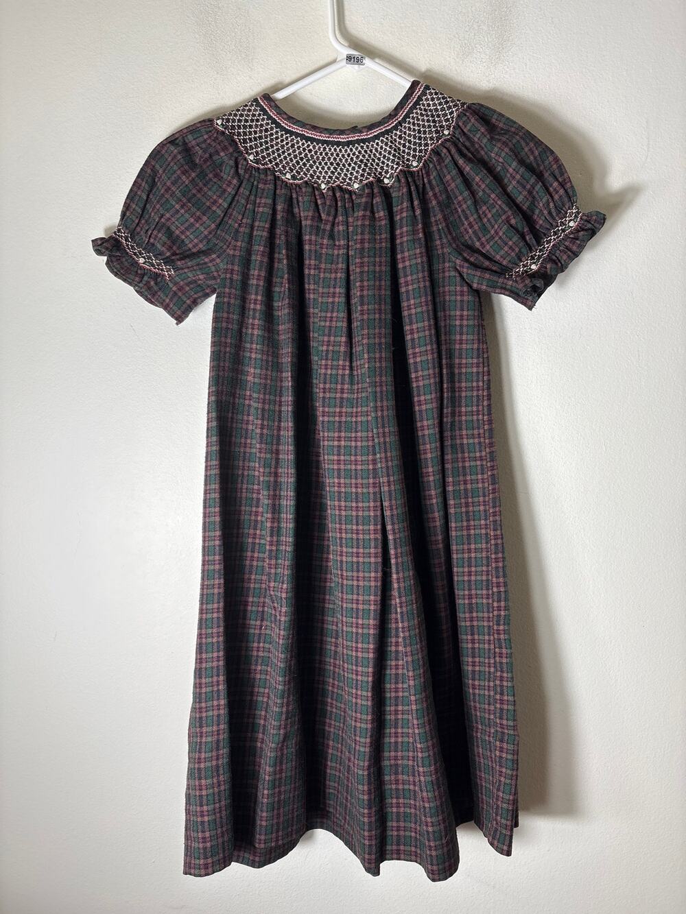 Girls Vintage Rosalina Green,Navy&Brown Plaid Flannel Puff Sleeve Dress Sz7